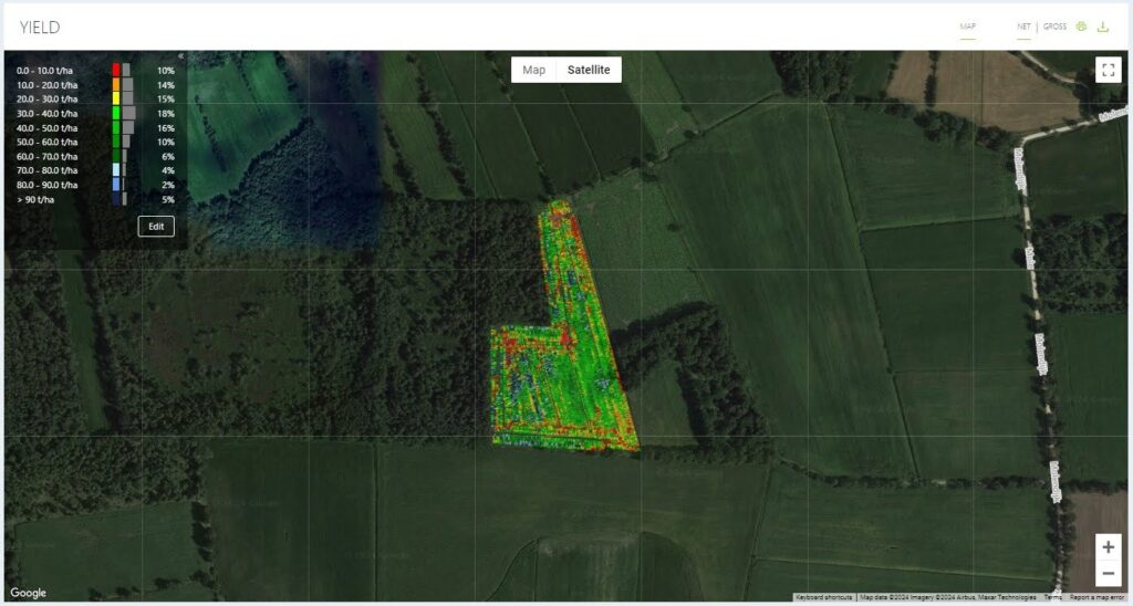 Mapa, zobrazující precizní informace o výnosu v jednotlivých částech pole.
