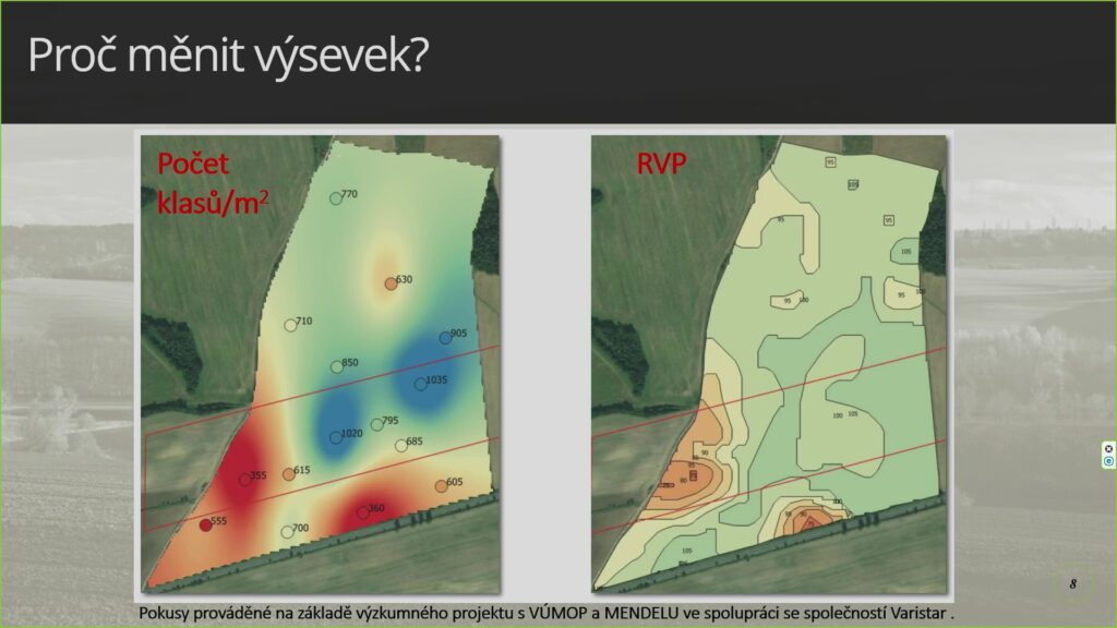 Obrázky výnosového potenciálu a počtu klasů pšenice na m2. Při uniformním setí je počet klasů na metr čtvereční (vlevo) silně závislý na výživovém potenciálu stanoviště (vpravo). Variabilním setím lze tyto rozdíly významně snížit a tím napomoci zvýšení výnosu